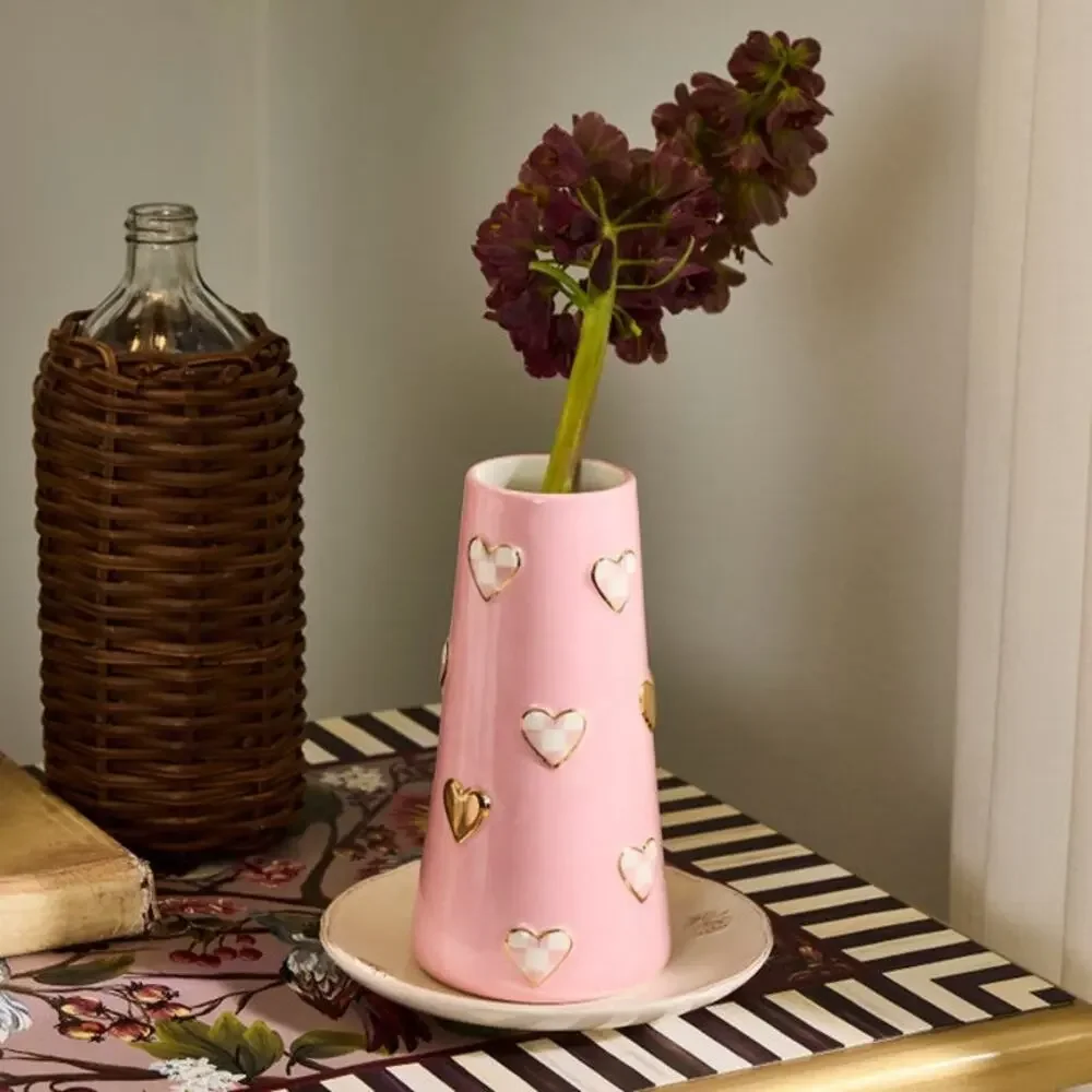 NEW Mackenzie-Childs Rosy Check Short Heart Vase In Original Box